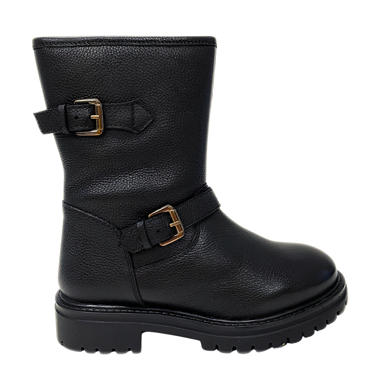 Gia Leather Double Buckle Mid Calf Boot - Black