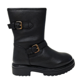 Gia Leather Double Buckle Mid Calf Boot - Black