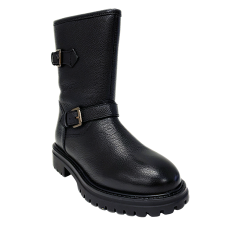 Gia Leather Double Buckle Mid Calf Boot - Black