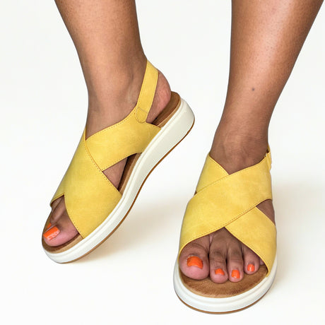 Wild Alice Yellow Cross Over Flatform Sandal – detail shot