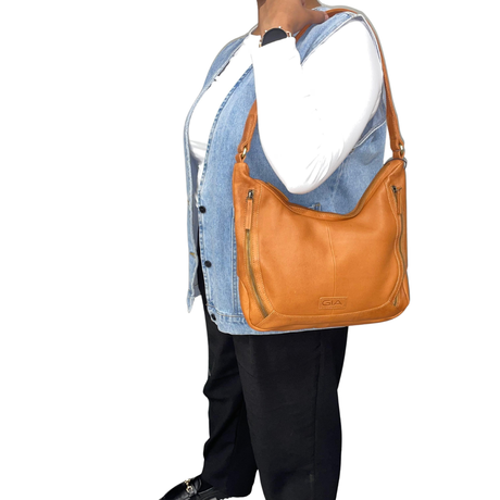 Gia Leather Hobo Shoulder Bag - Camel