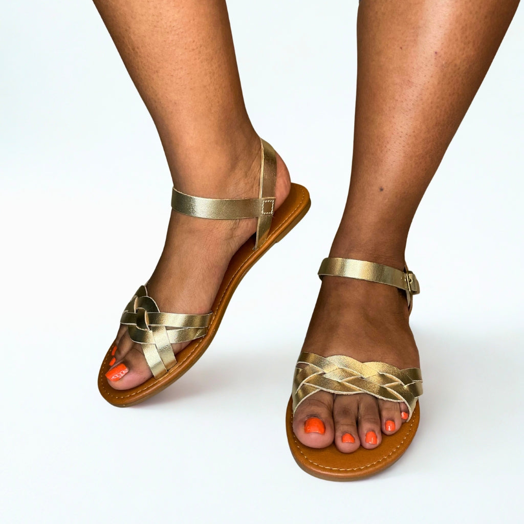 Andreoli Gold Intertwined Bar Strap Sandal – detail shot