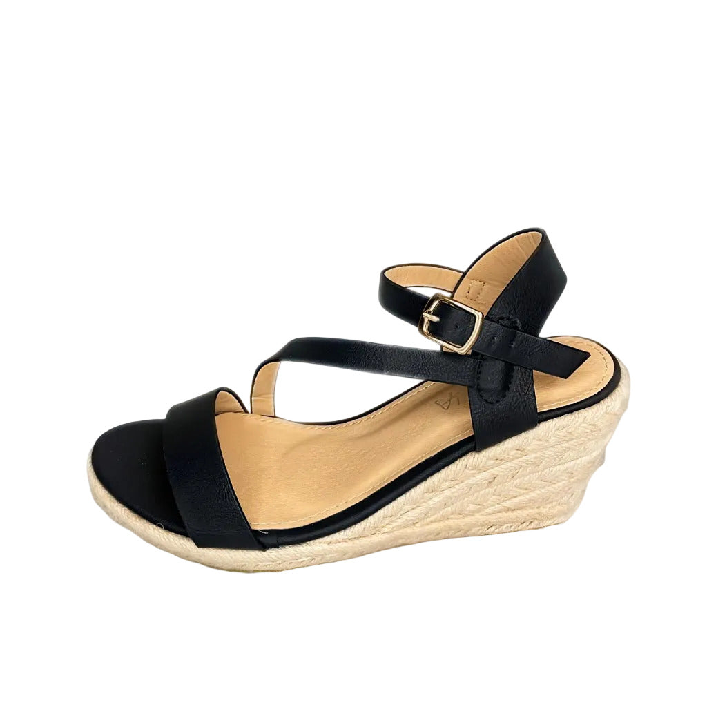 Geena Black Cross Strap Espadrille Wedge – side view