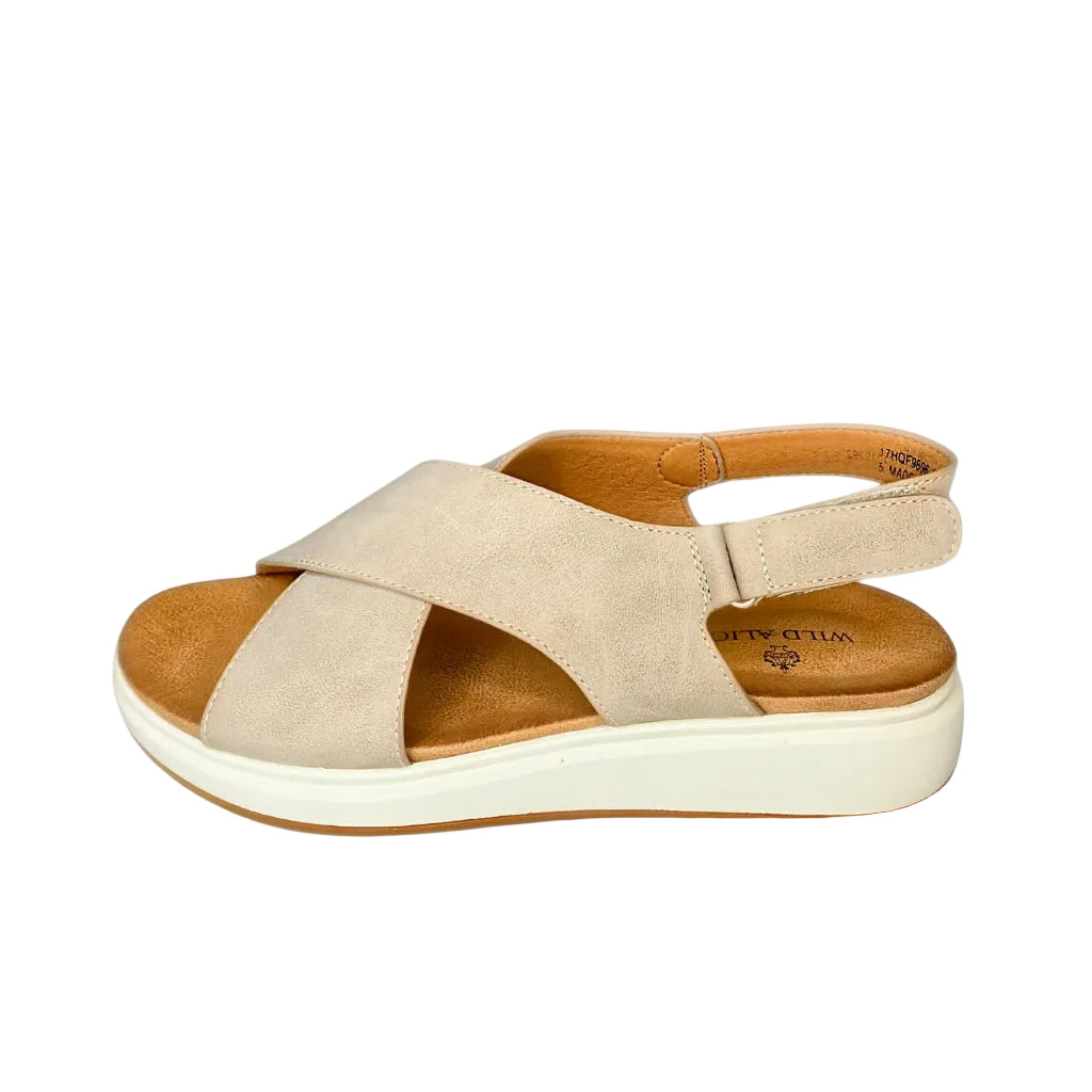 Wild Alice Taupe Cross Over Flatform Sandal – side view