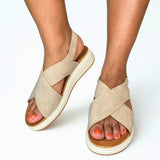 Wild Alice Taupe Cross Over Flatform Sandal – detail shot