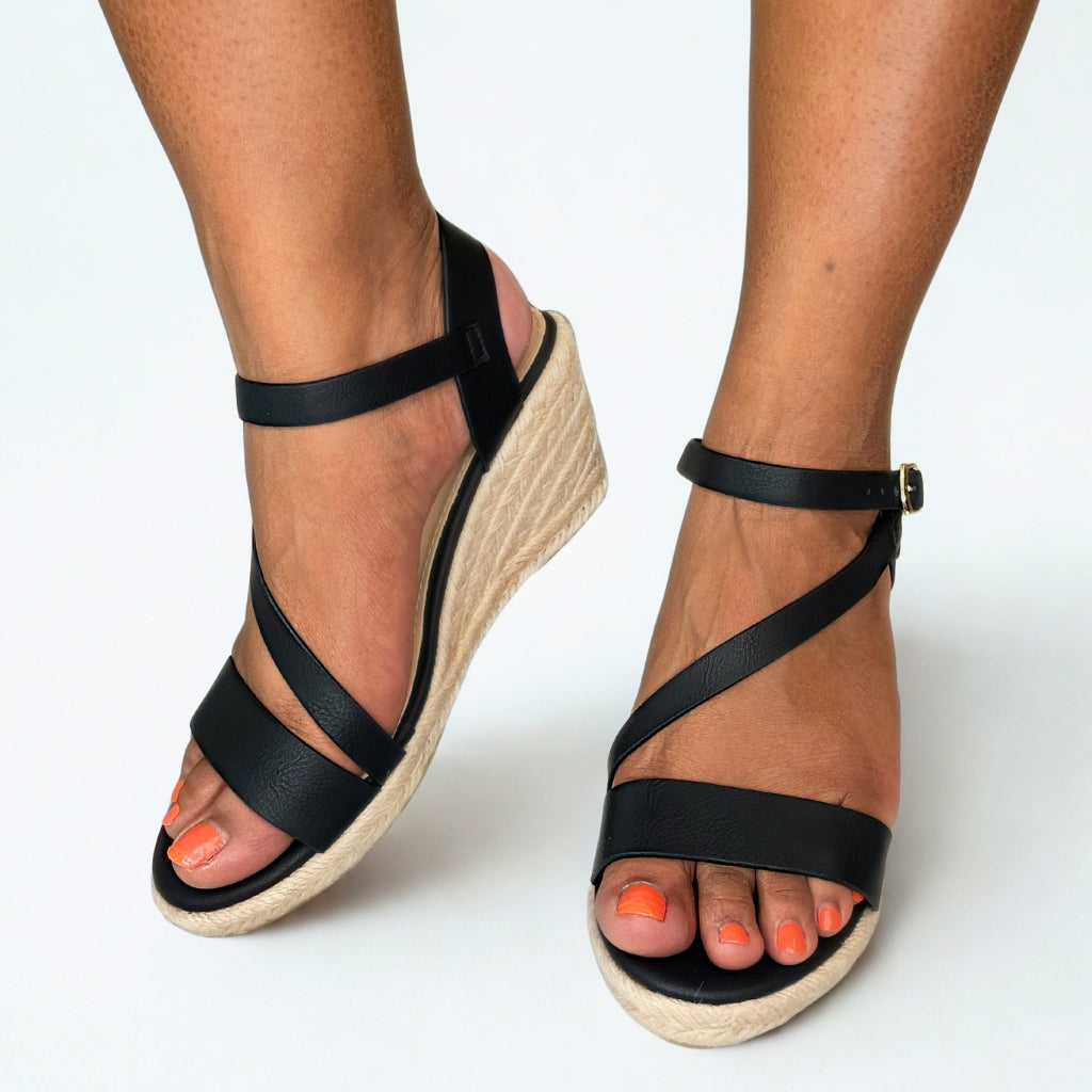 Geena Black Cross Strap Espadrille Wedge – detail shot