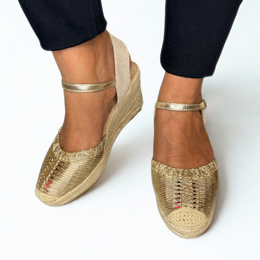 Queue gold metallic espadrille wedge