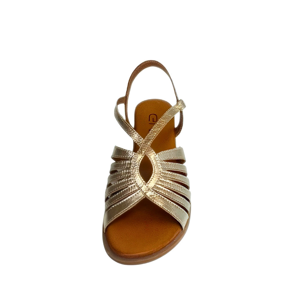 Gia Metalic Gold Leather Strappy Backstrap Sandal – front view