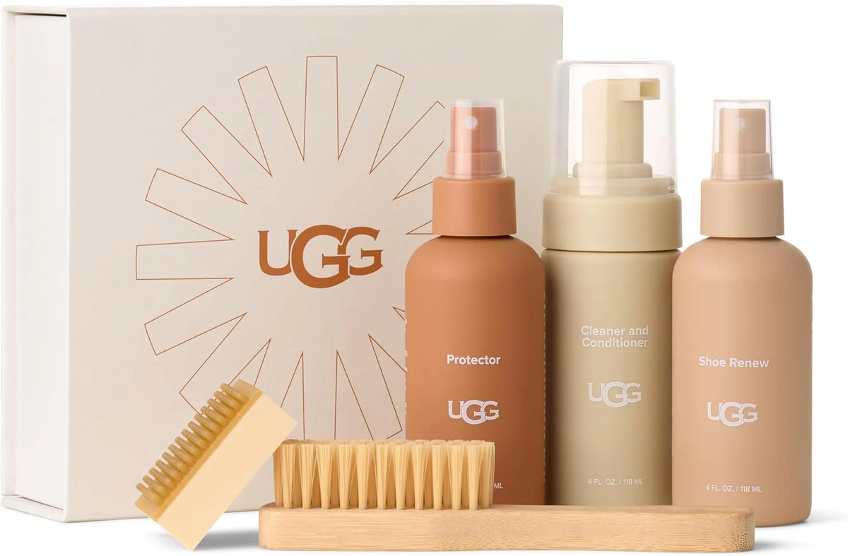 UGG Care Kit with shoe care bottles, brush, sponge and box