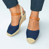 Queue Navy Woven Espadrille Wedge – detail shot