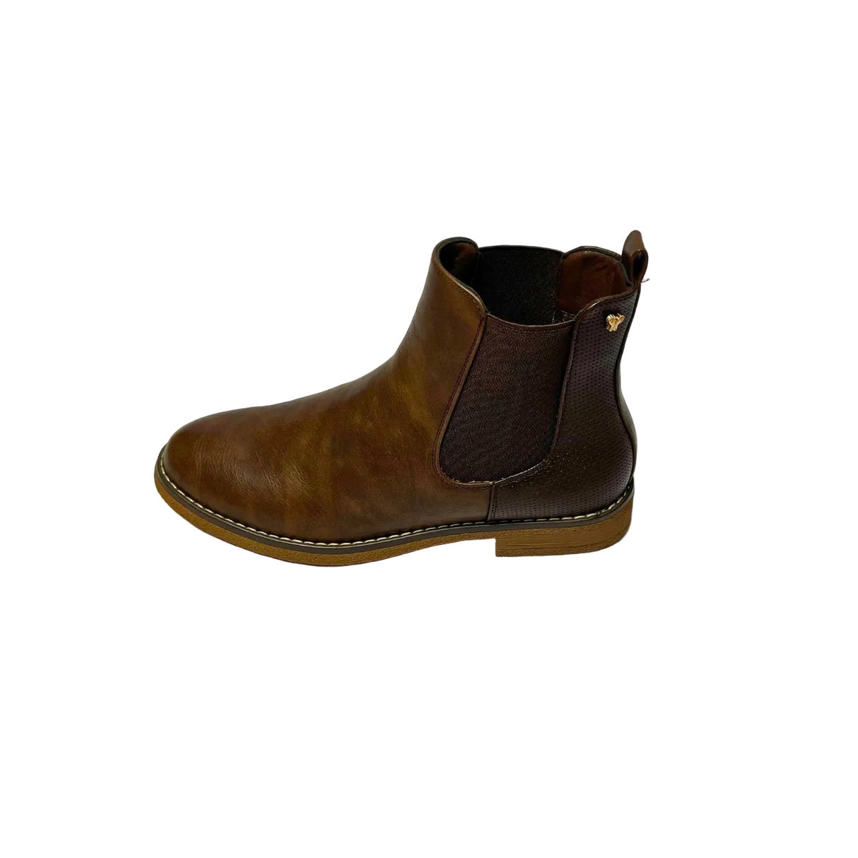 Butterfly Celeste 4 Chocolate Ankle Boot, a stylish faux leather slip-on boot with a round toe, elastic gusset, and contrast back heel detail. Features a comfort sock for all-day wear and a 2.5 cm heel. Perfect for casual and chic styling. 3
