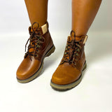 Caterpillar Leather Charli tan boot with textured nubuck leather upper, breathable lining, EVA foam footbed, high-traction rubber outsole & lace-up closure. 1