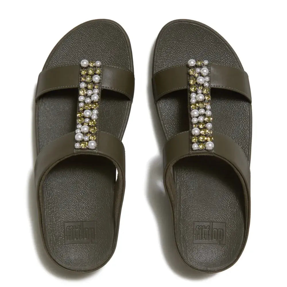 Fitflop Fino Pearls & Crystals H-Bar Sandal - Deep Olive
