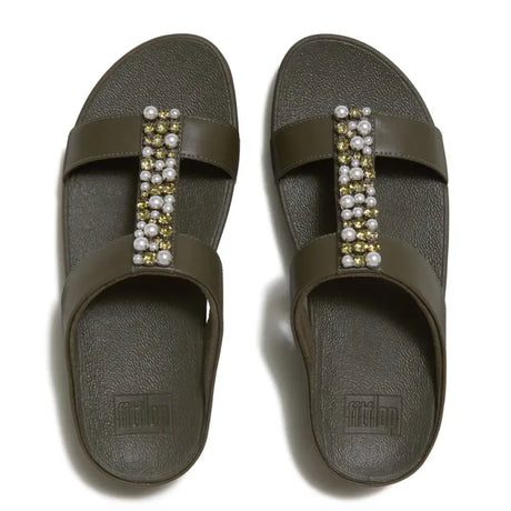 Fitflop Fino Pearls & Crystals H-Bar Sandal - Deep Olive