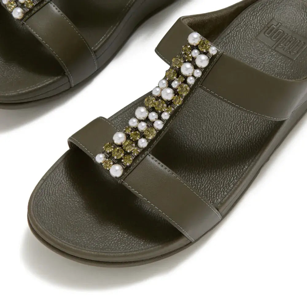 Fitflop Fino Pearls & Crystals H-Bar Sandal - Deep Olive