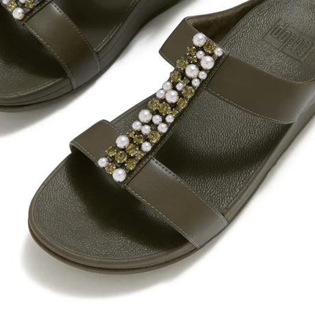 Fitflop Fino Pearls & Crystals H-Bar Sandal - Deep Olive