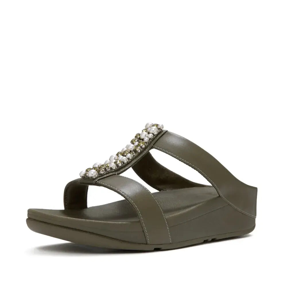 Fitflop Fino Pearls & Crystals H-Bar Sandal - Deep Olive