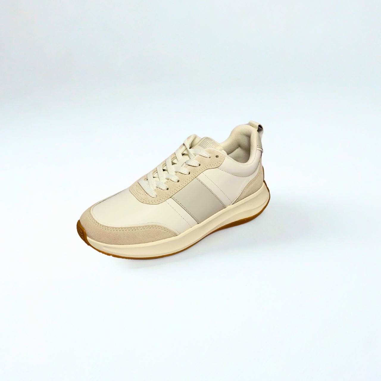FitFlop F-Mode Flow white sneaker with suede and leather upper, Microwobbleboard cushioned sole. 2