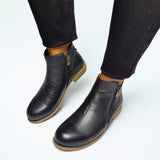  GIA black leather ankle boot with dual side zips and low stacked heel. 1