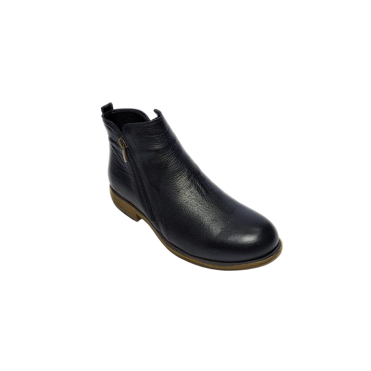  GIA black leather ankle boot with dual side zips and low stacked heel. 2