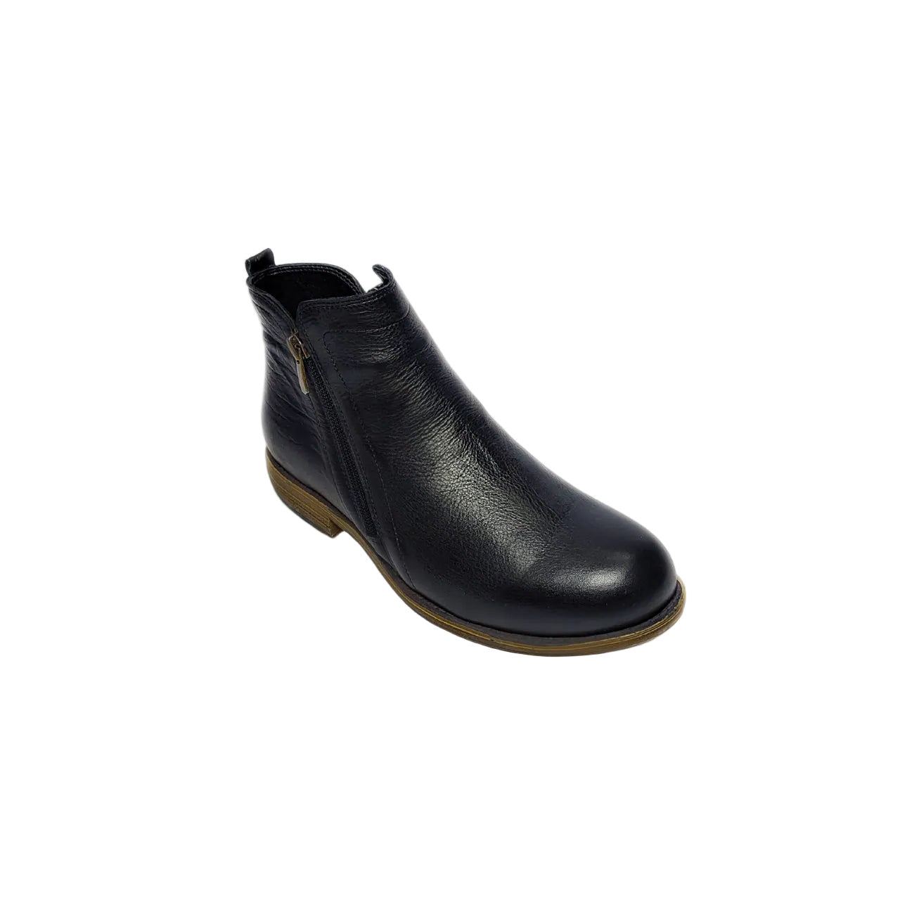  GIA black leather ankle boot with dual side zips and low stacked heel. 2