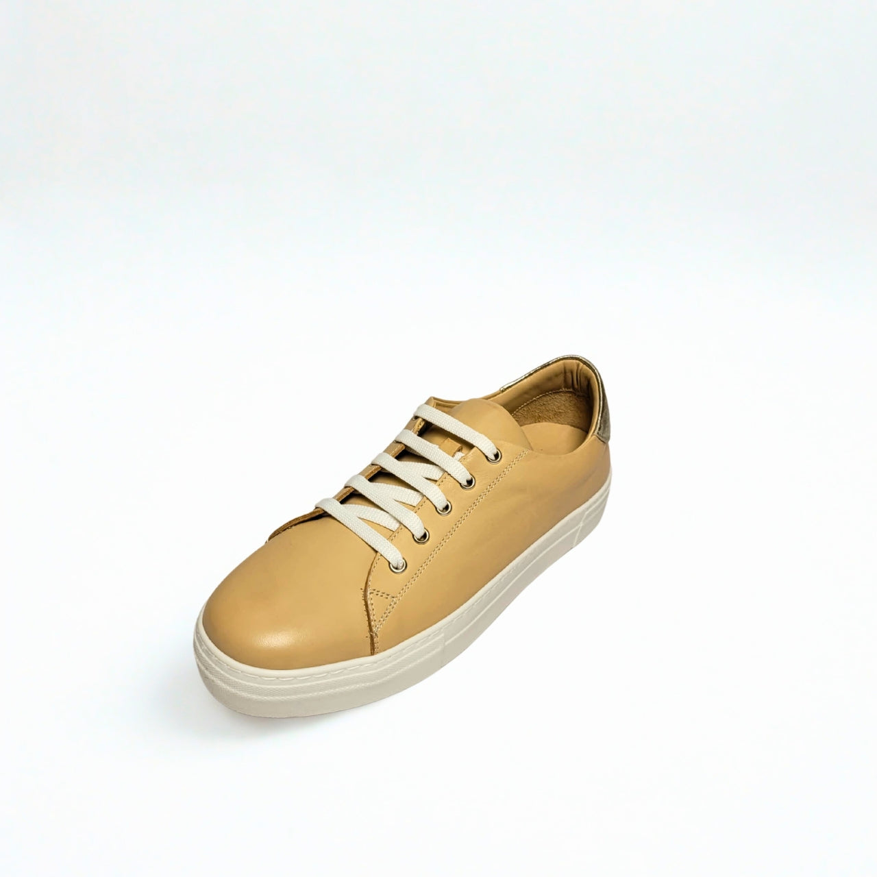  GIA beige leather platform sneaker with gold heel detail and lace-up design. 2