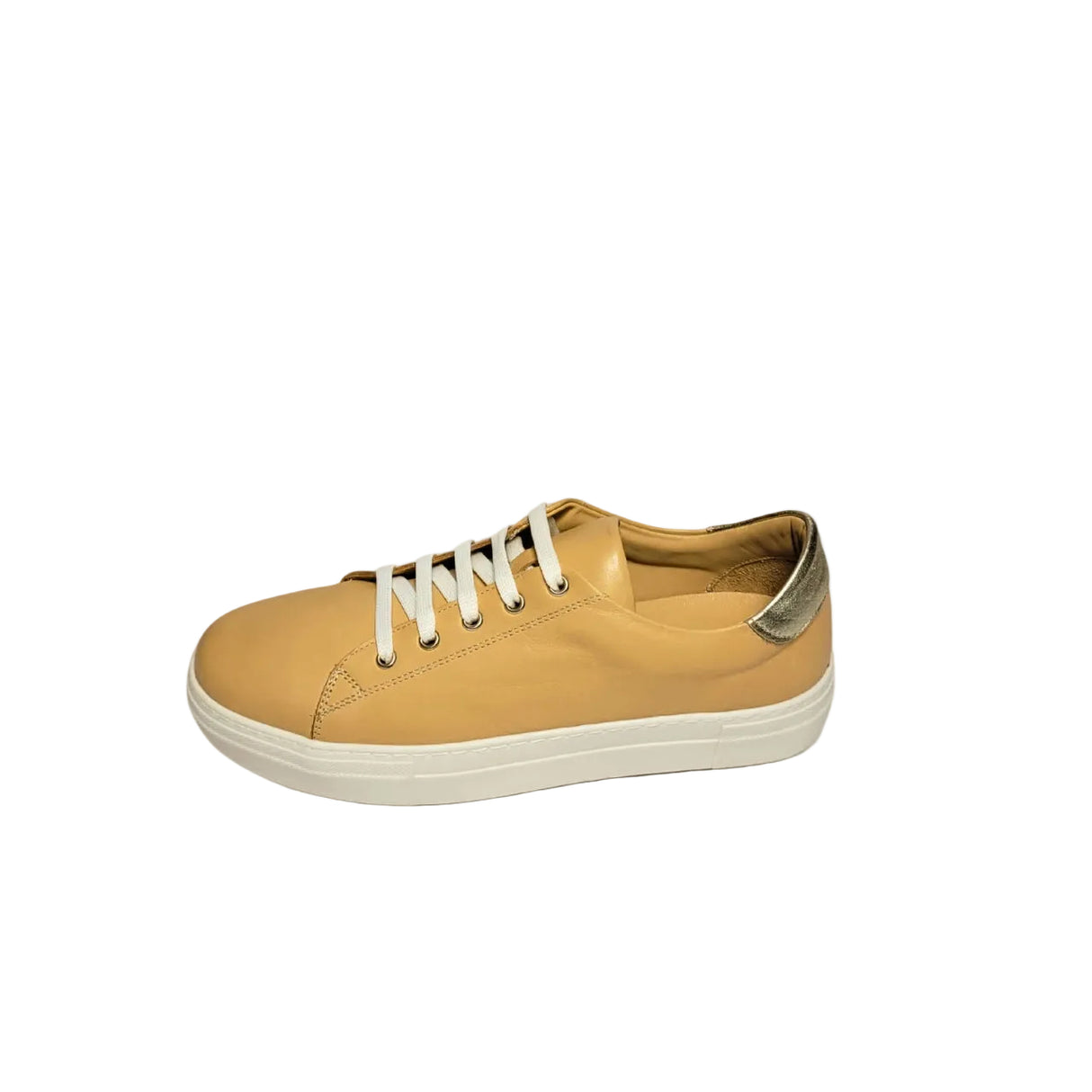  GIA beige leather platform sneaker with gold heel detail and lace-up design. 3