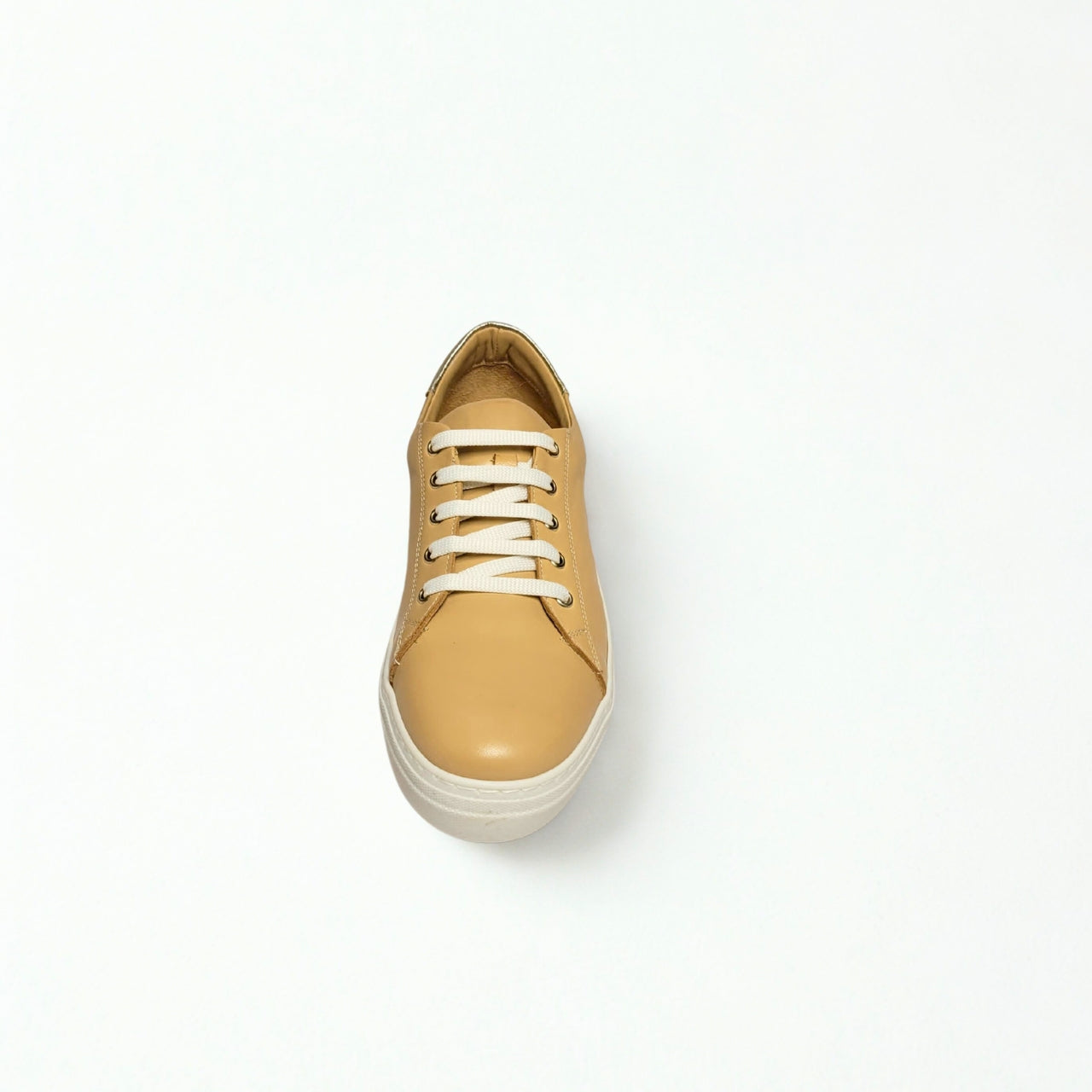  GIA beige leather platform sneaker with gold heel detail and lace-up design. 4