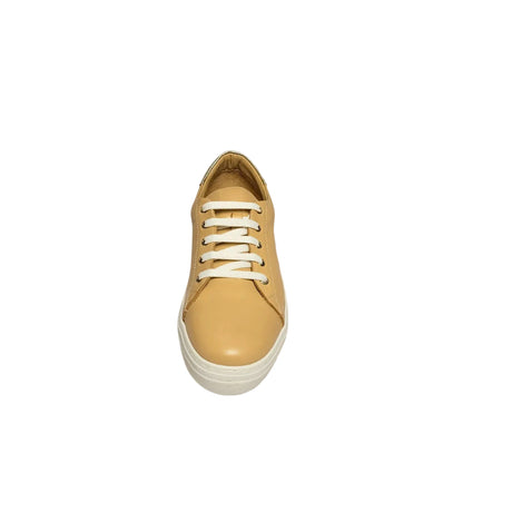  GIA beige leather platform sneaker with gold heel detail and lace-up design. 4