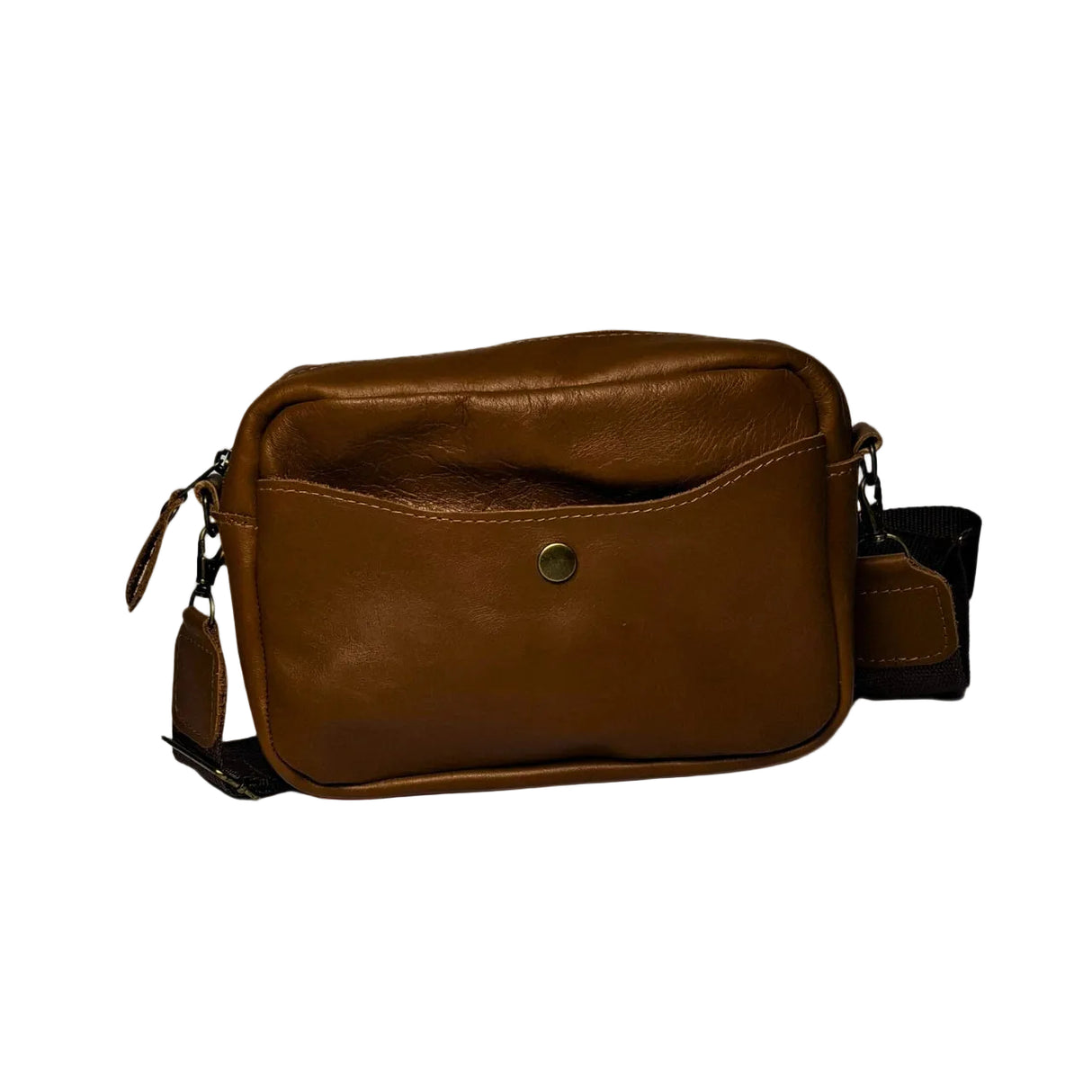 Gia Camera Bag in Texas Toffee leather – compact crossbody with zip closure, rear magnetic pocket, adjustable strap, and embossed GIA logo patch 2