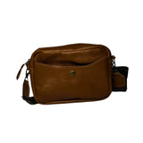 Gia Camera Bag in Texas Toffee leather – compact crossbody with zip closure, rear magnetic pocket, adjustable strap, and embossed GIA logo patch 2
