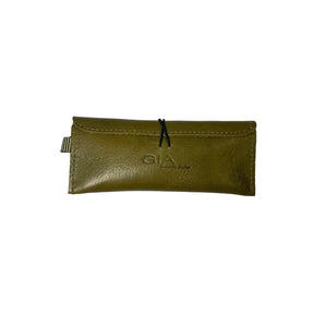 Gia Leather Olive Sunglass Case, crafted from genuine leather. Sleek and protective design with a soft lining to prevent scratches. Fits most standard-sized sunglasses. Made in South Africa.