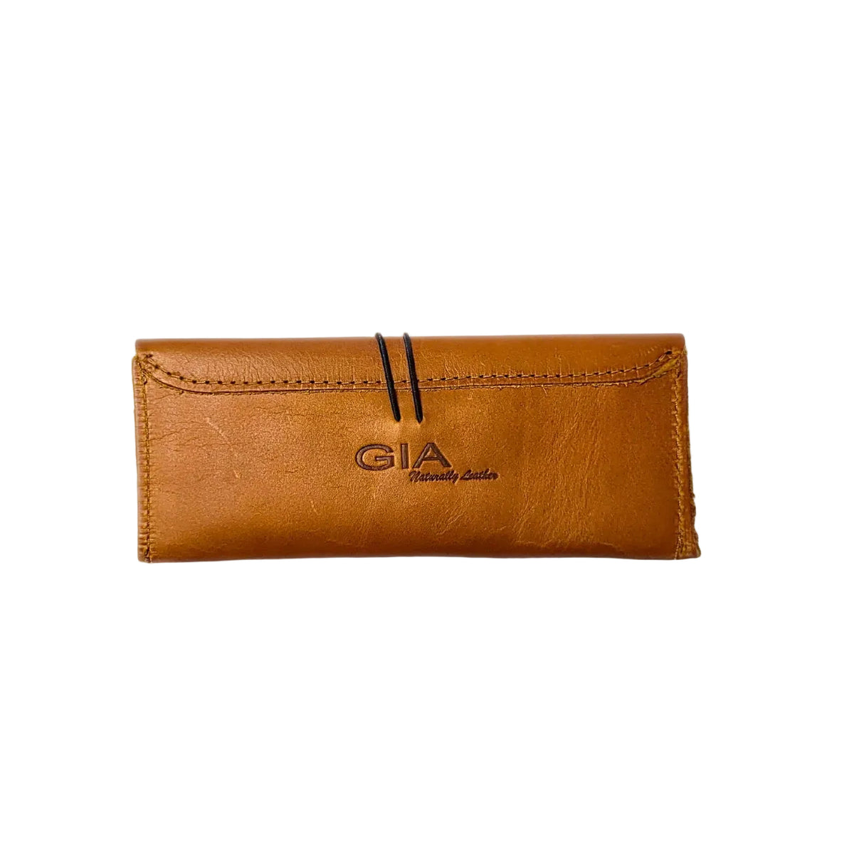 Gia toffee leather sunglass case with snap closure and soft lining for scratch protection. 1