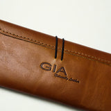 Gia toffee leather sunglass case with snap closure and soft lining for scratch protection. 3