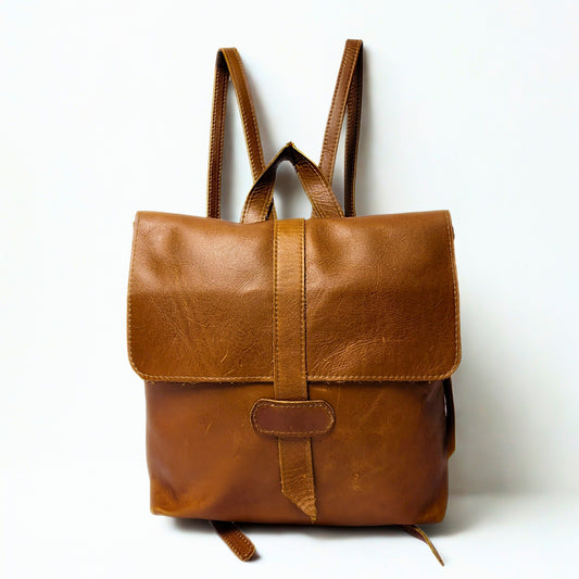  Gia NAPSACK tan leather backpack with fold-over flap and adjustable straps. 1