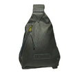 Gia grey triangle backpack in metallic leather with gold buckle, front and rear zip pockets.