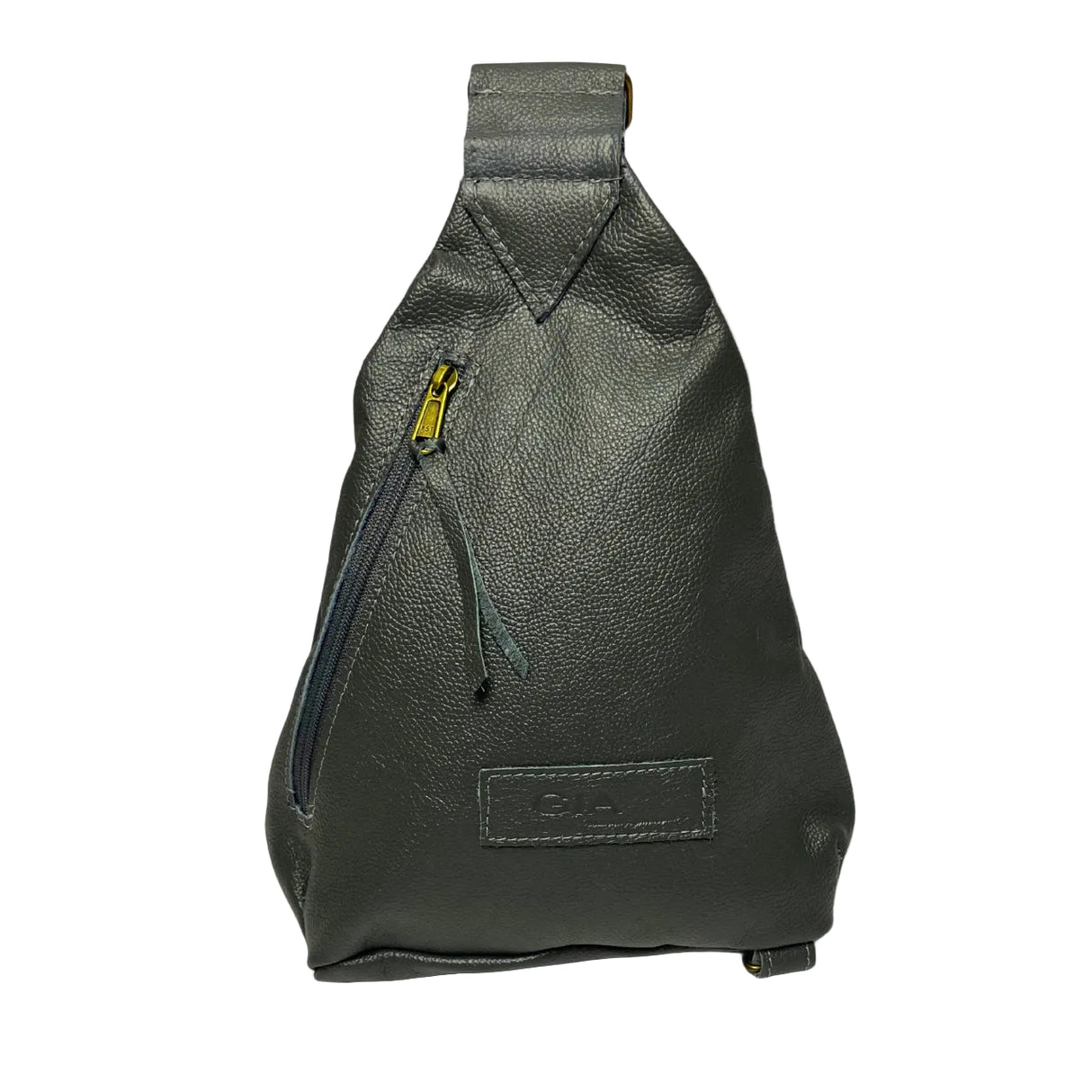 Gia grey triangle backpack in metallic leather with gold buckle, front and rear zip pockets.