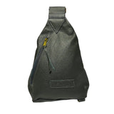 Gia grey triangle backpack in metallic leather with gold buckle, front and rear zip pockets.