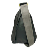 Gia grey triangle backpack in metallic leather with gold buckle, front and rear zip pockets.
