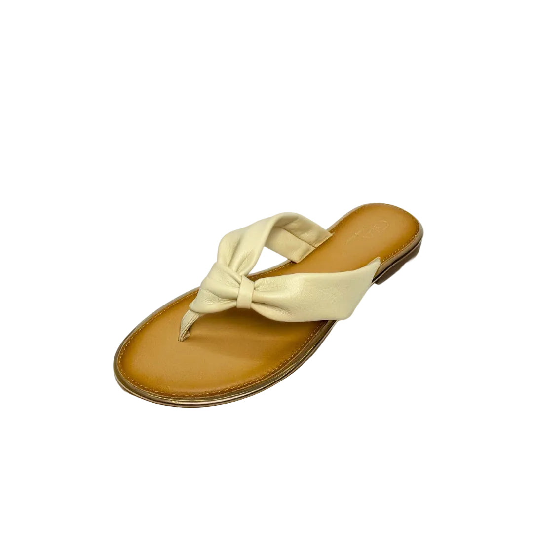Gia beige leather knot sandals with cushioned insole, slip-on design, and knotted strap detail – chic women’s summer footwear for casual wear, holidays, and resort style. 
