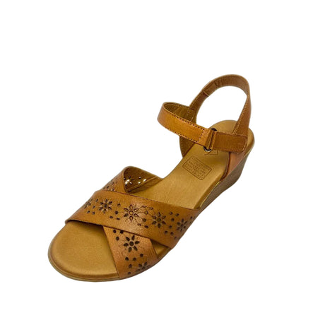Gia coconut tan leather wedge sandals with floral laser-cut cross-over straps, cushioned insole, ankle strap, and natural wood finish heel – elegant women’s summer wedges for everyday comfort and style.