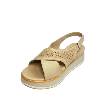 Gia grey silver leather platform sandals with laser-cut cross-over straps, cushioned insole, slingback strap, and slip-resistant sole – stylish women’s summer sandals with added height.
