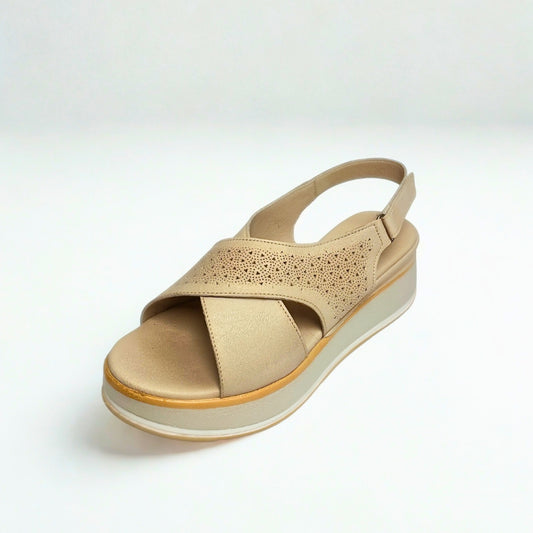 Gia grey silver leather platform sandals with laser-cut cross-over straps, cushioned insole, slingback strap, and slip-resistant sole – stylish women’s summer sandals with added height.

