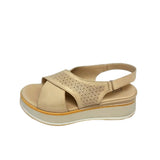 Gia grey silver leather platform sandals with laser-cut cross-over straps, cushioned insole, slingback strap, and slip-resistant sole – stylish women’s summer sandals with added height.
