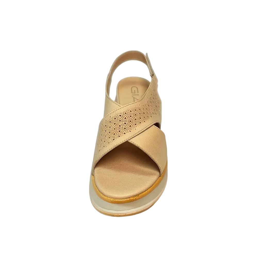 Gia grey silver leather platform sandals with laser-cut cross-over straps, cushioned insole, slingback strap, and slip-resistant sole – stylish women’s summer sandals with added height.
