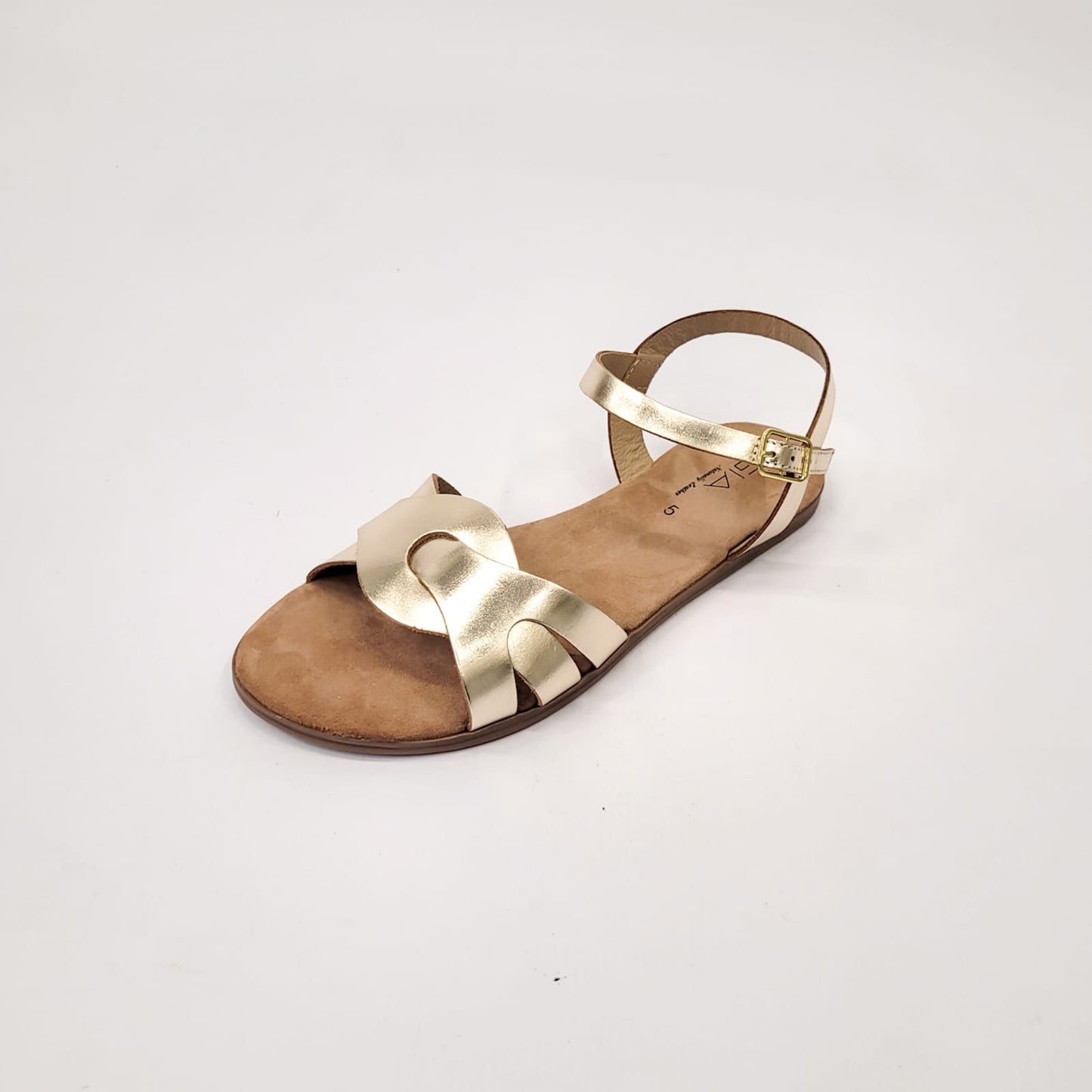 Gia gold leather strappy sandal with adjustable ankle strap, crafted in India, perfect for stylish and comfortable summer wear. 2