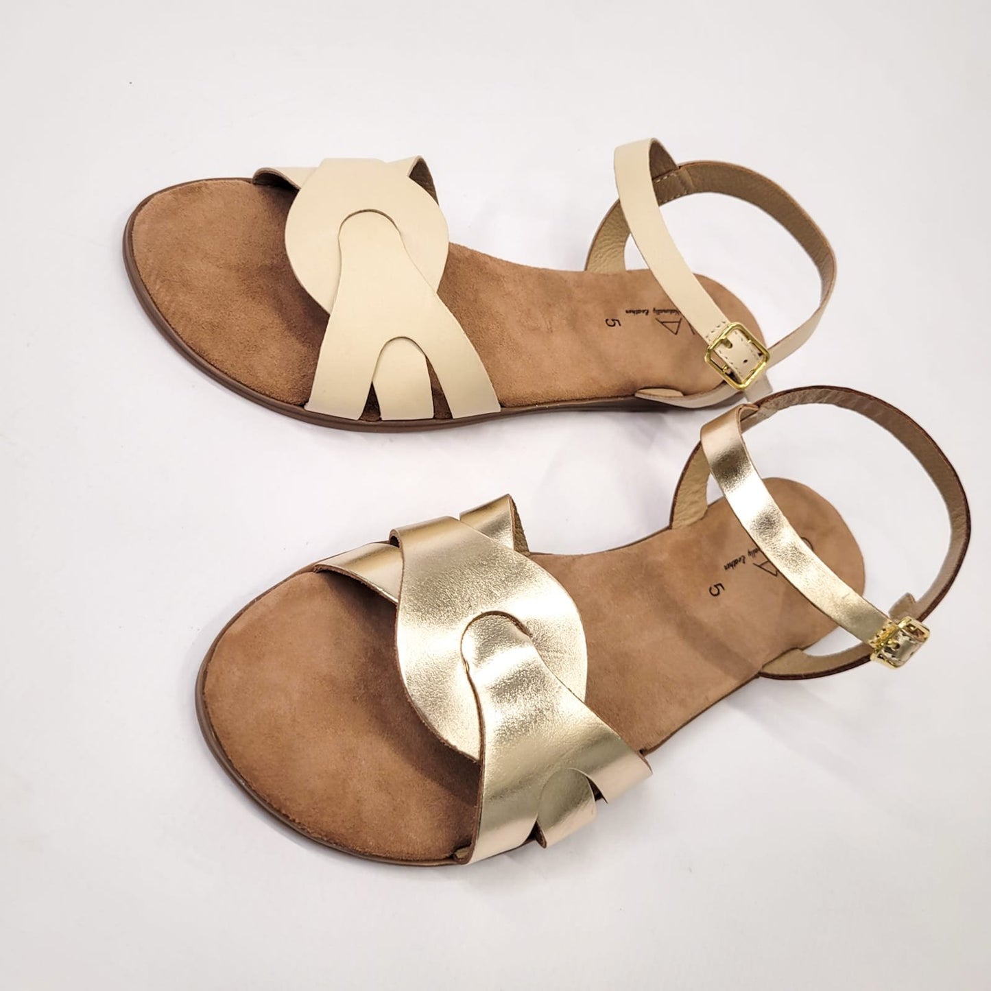 Gia gold leather strappy sandal with adjustable ankle strap, crafted in India, perfect for stylish and comfortable summer wear.