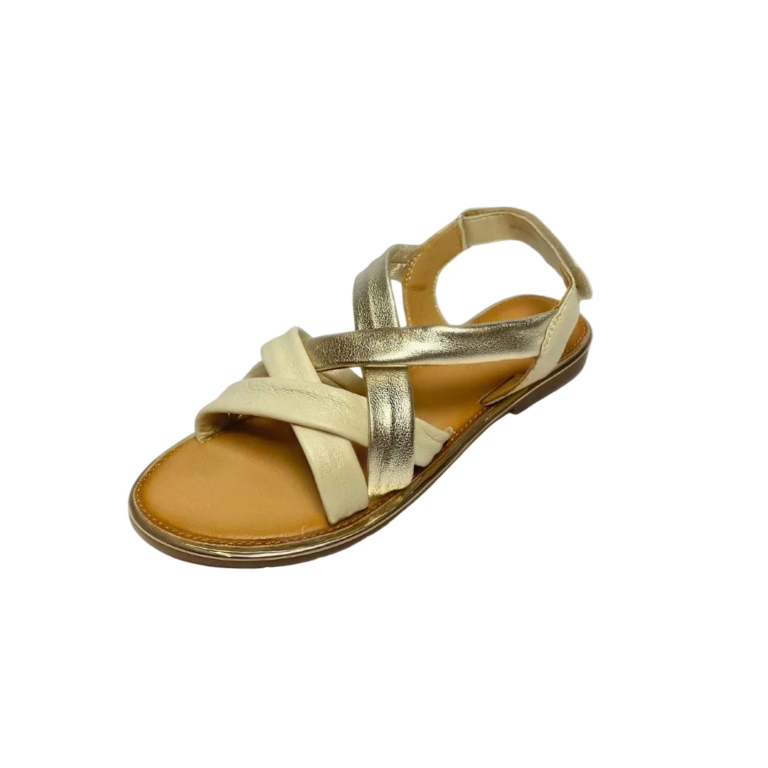 Gia off-white and gold leather criss cross slingback sandals with cushioned insole, adjustable strap, and flexible sole – elegant women’s summer footwear for comfort and style. 