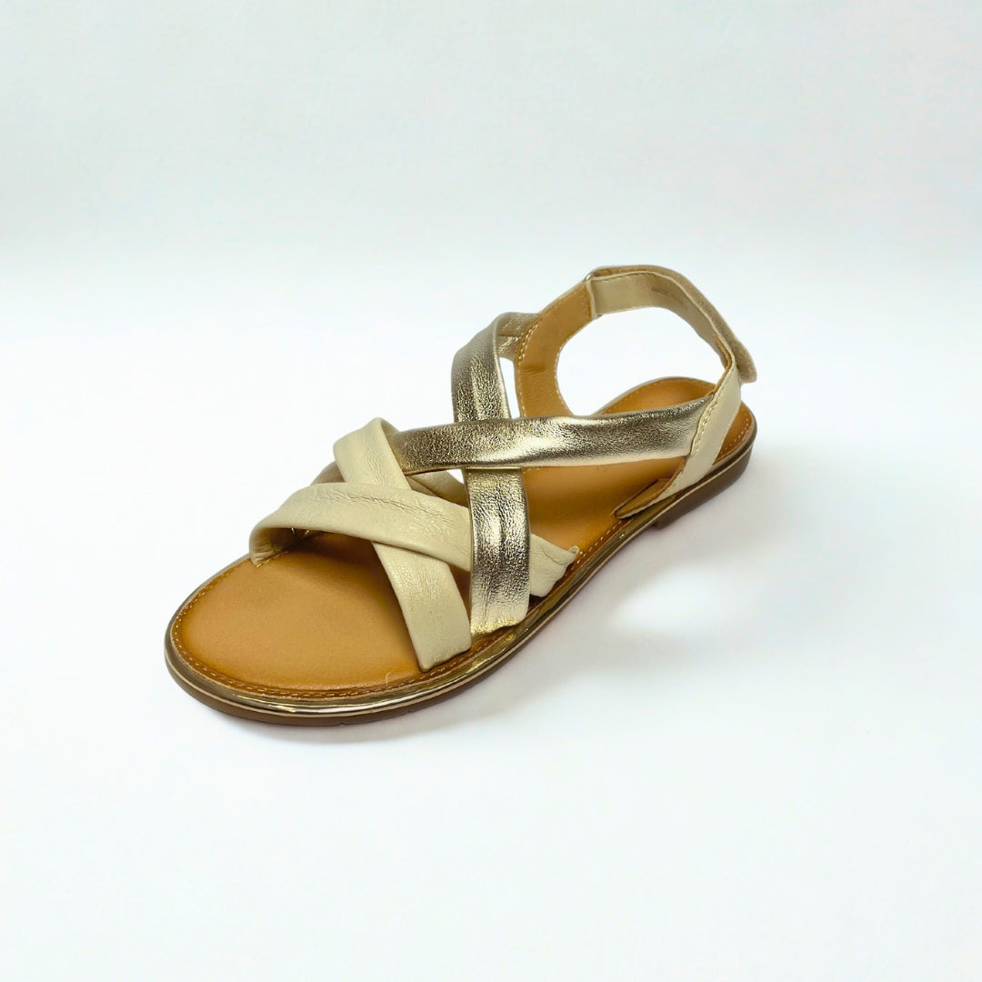Gia off-white and gold leather criss cross slingback sandals with cushioned insole, adjustable strap, and flexible sole – elegant women’s summer footwear for comfort and style. 