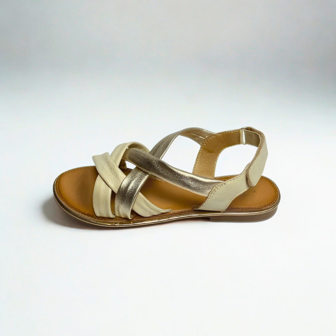 Gia off-white and gold leather criss cross slingback sandals with cushioned insole, adjustable strap, and flexible sole – elegant women’s summer footwear for comfort and style.